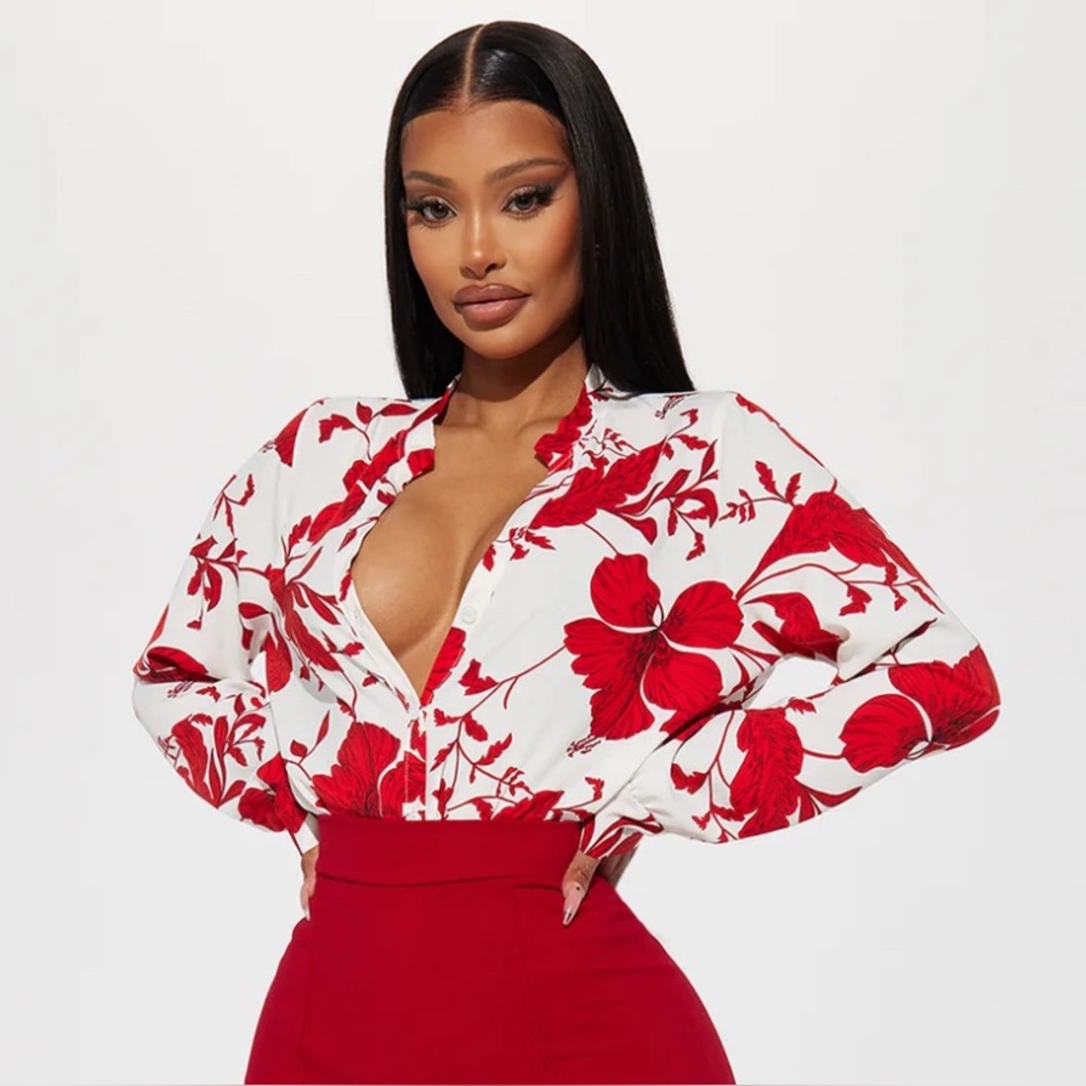 Fashion Nova Vibrant Red Floral Blouse